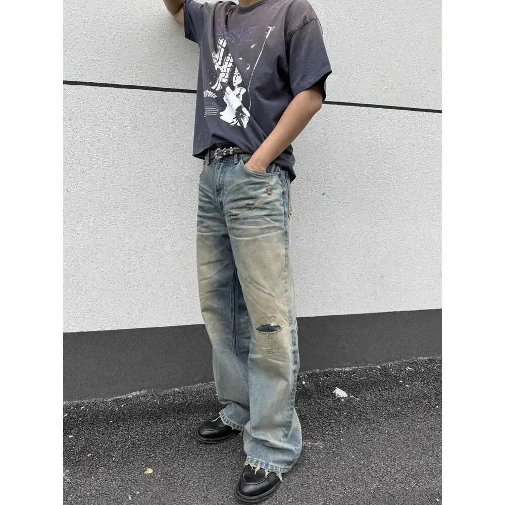 Vintage Faded Wash Distressed Ripped Wide-leg Baggy Denim Jeans Pants Blue sz 31 - Picture 4 of 16